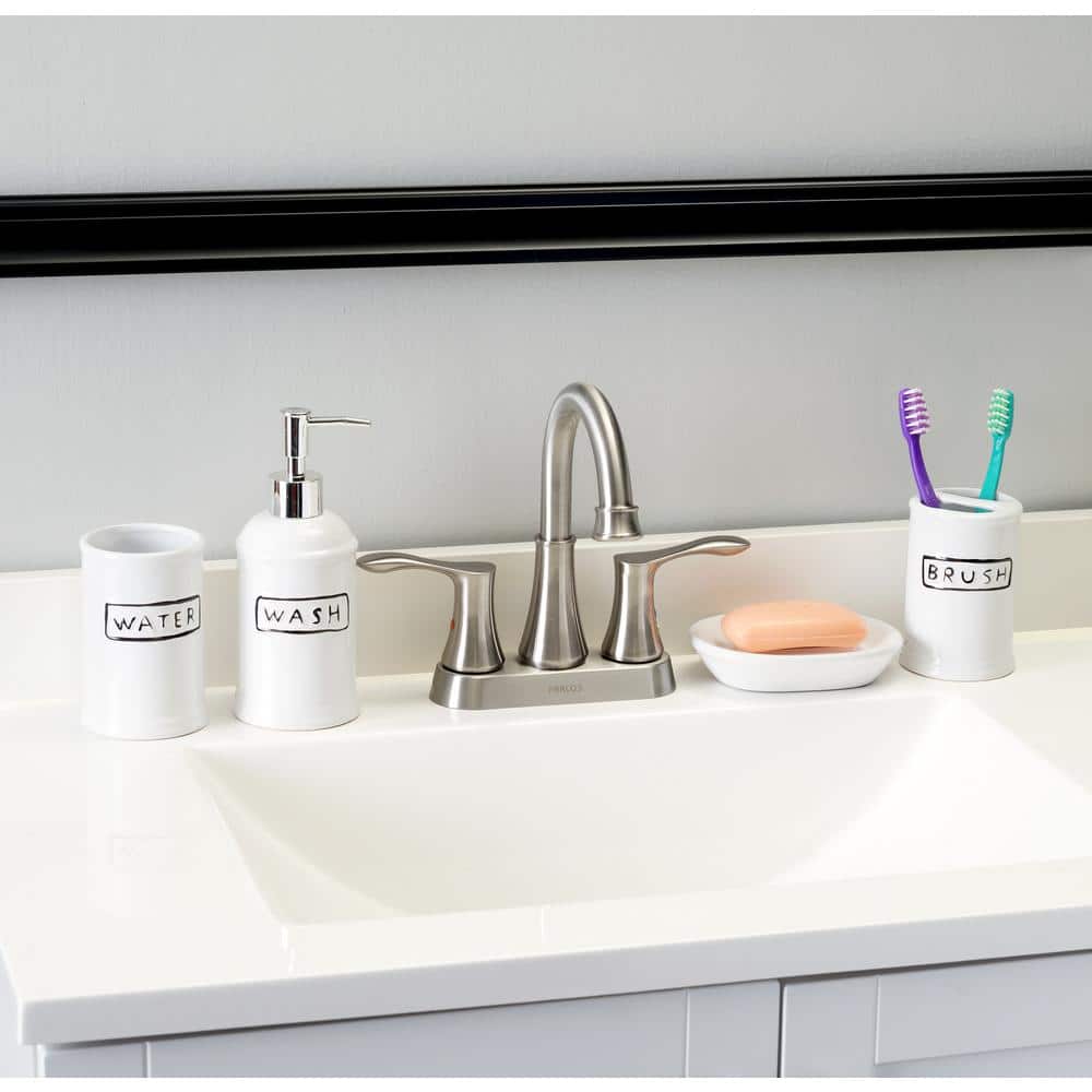 White Ceramic 4-Piece Bathroom Accessory Set with Black Lettering
