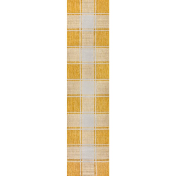 Sabine Yellow/Cream 2 ft. x 8 ft. Traditional Farmhouse Bold Gingham Indoor/Outdoor Runner Rug