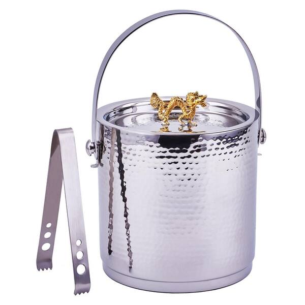 Old Dutch Dragon Handle Hammered Ice Bucket Stainless Steel with Lid and Ice Tong
