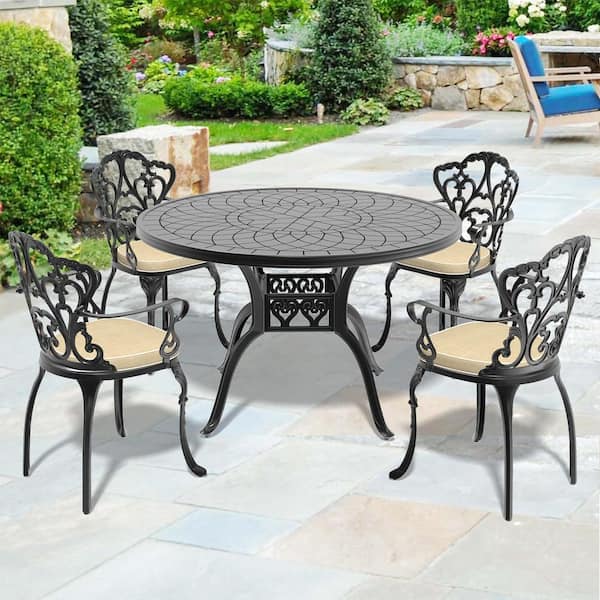 Lily Black 5-Piece Cast Aluminum Outdoor Dining Set with Round Table and Dining Chairs with Random Color Cushion