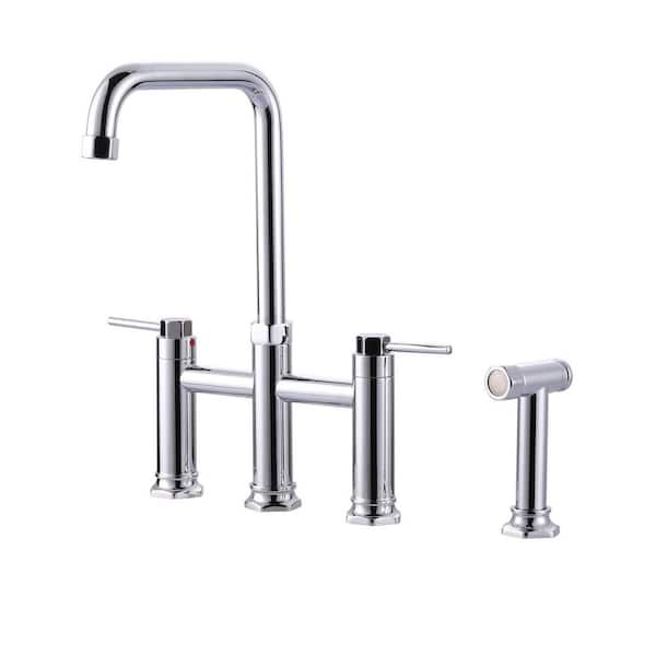 2-Handle High-Arc 4-Hole Deck-Mount Kitchen Faucet with Side Sprayer in Solid Brass Polished Chrome