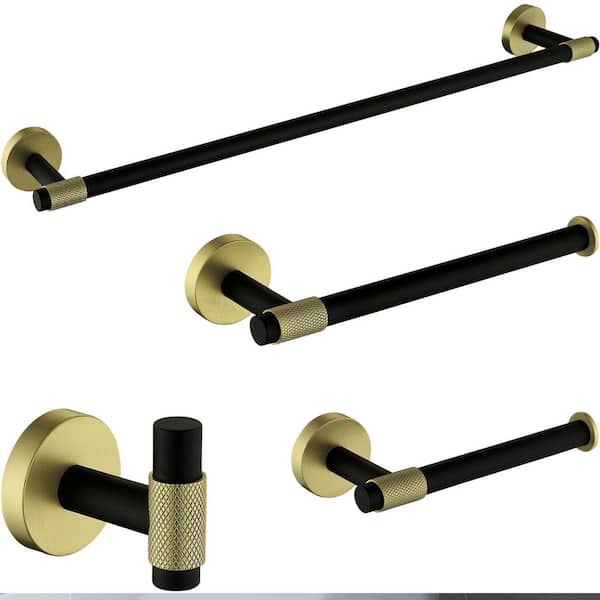 4-Piece Bath Hardware Set with Towel bar Toilet Paper Holder Towel Hook Towel Holder Set in Black-Gold