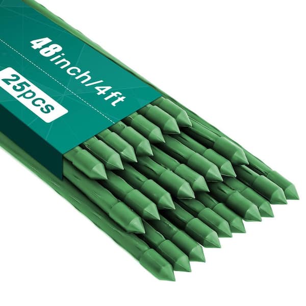 48 in. x 0.4 in. Green Plastic Coated Garden Plant Stakes, Sturdy Metal Sticks Support for Plant, Beans, Trees (25-Pack)