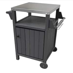 Grill Side Table Trolley Outdoor Dining Table Serving Cart with 304 Stainless Steel Top Kitchen Storage Island in Grey