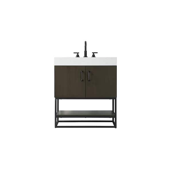 30 in. Single Sink Mocha Brown Bath Vanity with White Engineered Marble Top