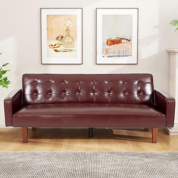 WONDER COMFORT Mid-Century Modern 74 in. Red Brown Faux Leather