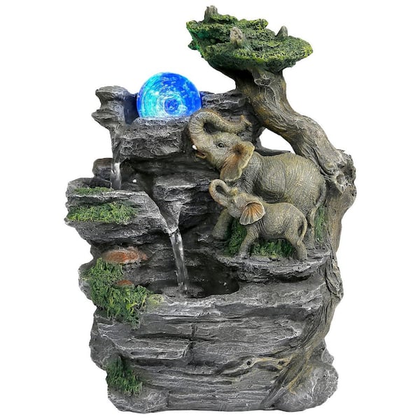 Indoor Tabletop Fountain with Elephant Sculpture and Spinning Ball for Home or Office Decor Tiered