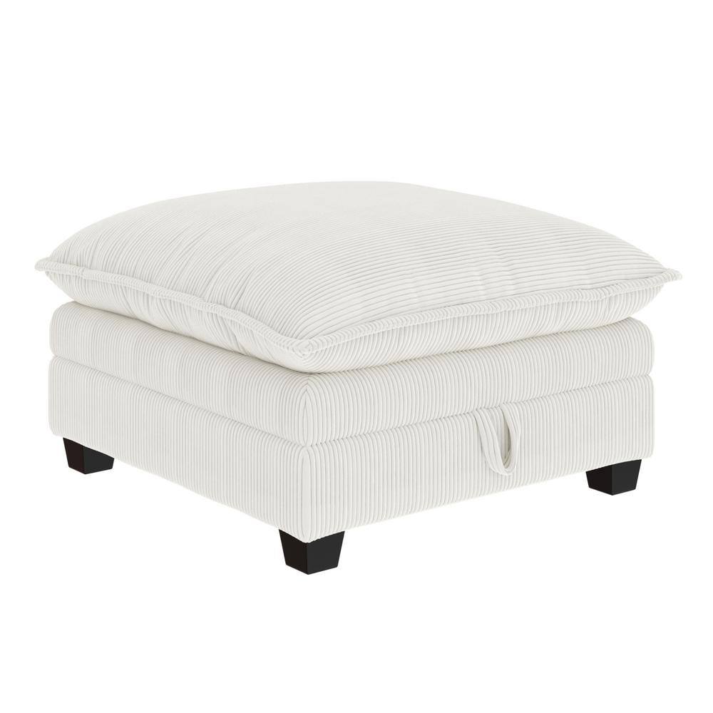 Pearl White Corduroy Upholstered Storage Ottoman with Removable Cushions