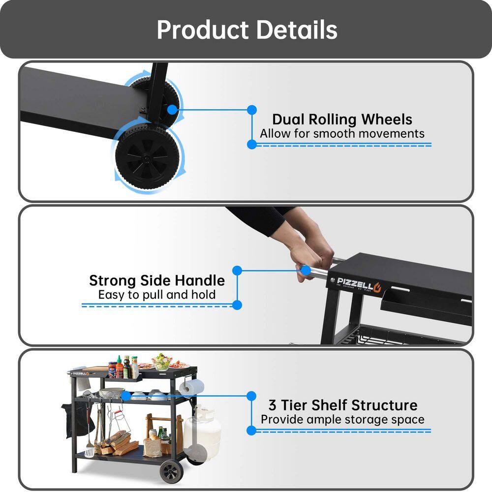 Black Steel Three-Shelf Outdoor Grill Cart with Wheels