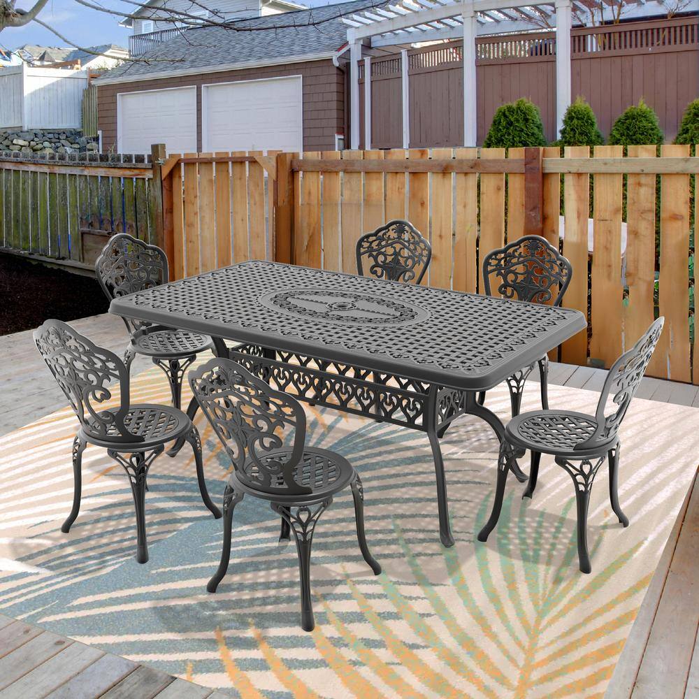 Black 7-Piece of Cast Aluminum Outdoor Patio Dining Set with 68.9 in. x 37.40 in. Rectangular Table and Armless Chairs