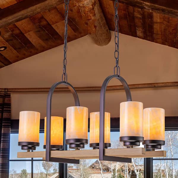 25 in. 6-Light Rustic Industrial Linear Coffee Brown Metal Pendant Light Chandelier with Marble Shades