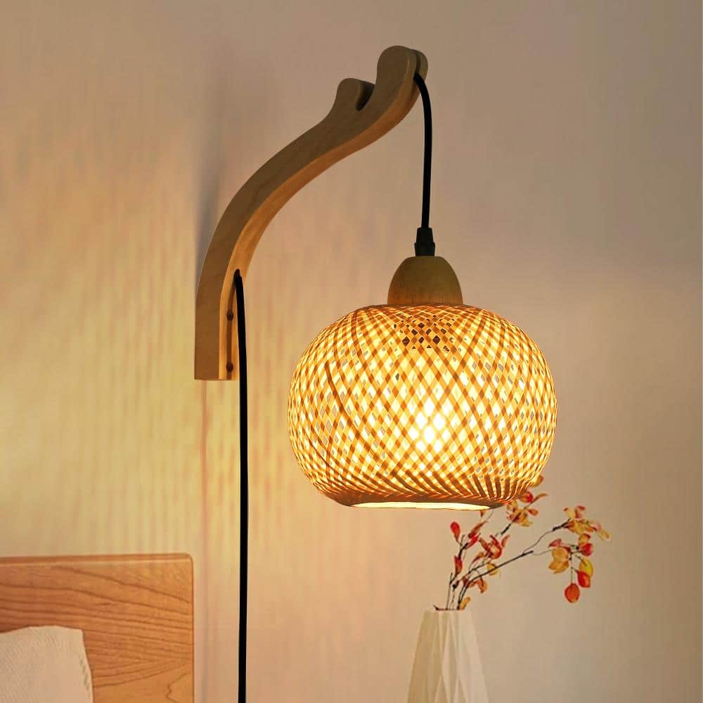 Handwoven 10.24 in. 1 Light Wood Base Plug in Wall Sconces with Bamboo Shade, Wicker Adjustable Height Wall Lamp price history on PriceWatchPro