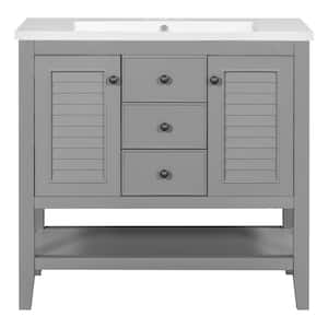 35 in. W x 17.9 in D. x 33.4 in. H Gray Modern Bath Vanity with White Ceramic Sink Top Solid Wood Frame and Open Shelf