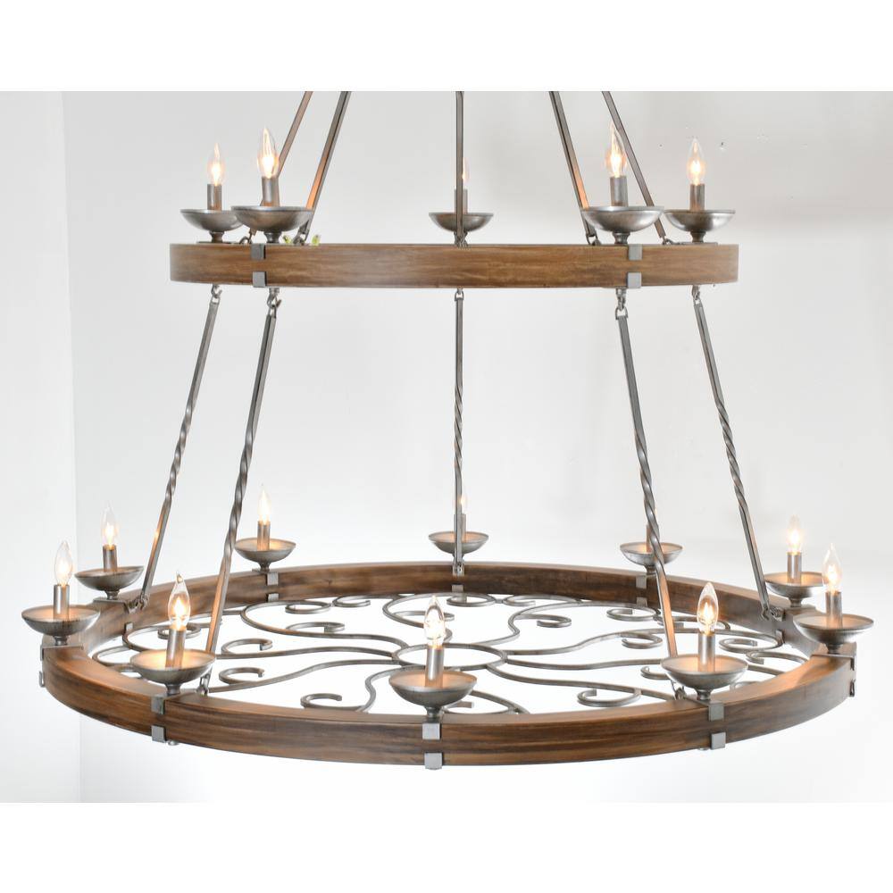 Two-Tier Brown Distressed Wood and Metal Empire Chandelier