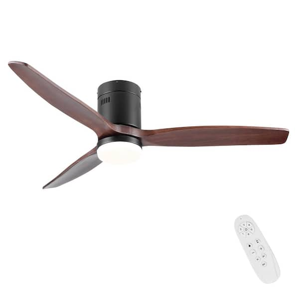 YUHAO Farmhouse 52 in. Integrated LED Low Profile Solid Wood Black Ceiling Fan with Dimmable Light Kit and DC Motor