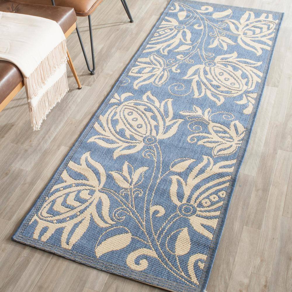 Reversible Blue and Natural Synthetic Runner Rug - 27" x 10"