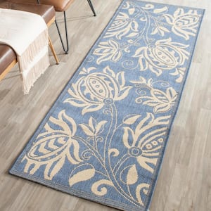 Courtyard Blue/Natural 2 ft. x 10 ft. Border Indoor/Outdoor Patio  Runner Rug