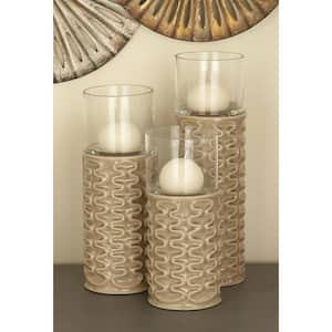 Brown Ceramic and Glass Ridged Candle Holders (Set of 3)