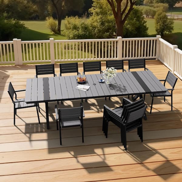 composite slatted patio dining table umbrella hole Table, Metal, 37 In. Square 18.90 W * 19.29 D Overall size(Armless chair) MAISON ARTS Wood-look PVC Patio