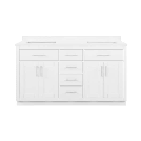 Bailey 60 in. Double Sink White Bath Vanity with White Quartz Top and Integrated Power Outlet (Assembled)