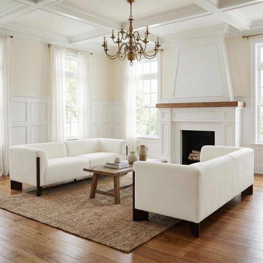 81.05 in. Flared Arm Chenille Rectangle 2-Seater Loveseat for Living Room in Beige with Solid Wood Leg(Set of 2)