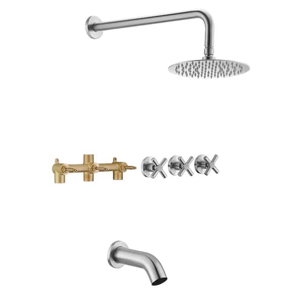 SUMERAIN Contemporary Triple Handle 1-Spray Tub and Shower Faucet 1.8 GPM in Brushed Nickel (Valve Included)