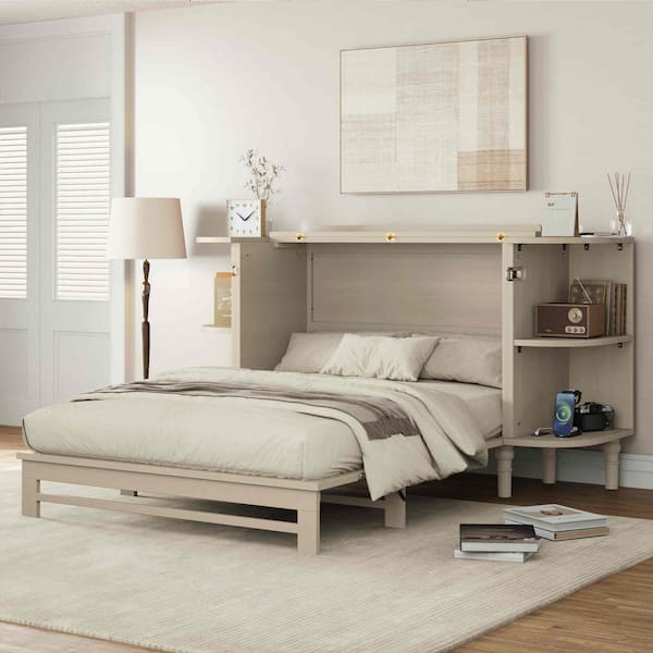 Ceylon Cream Wood Frame Full Murphy Bed with Charging Station and 2 Open Shelves