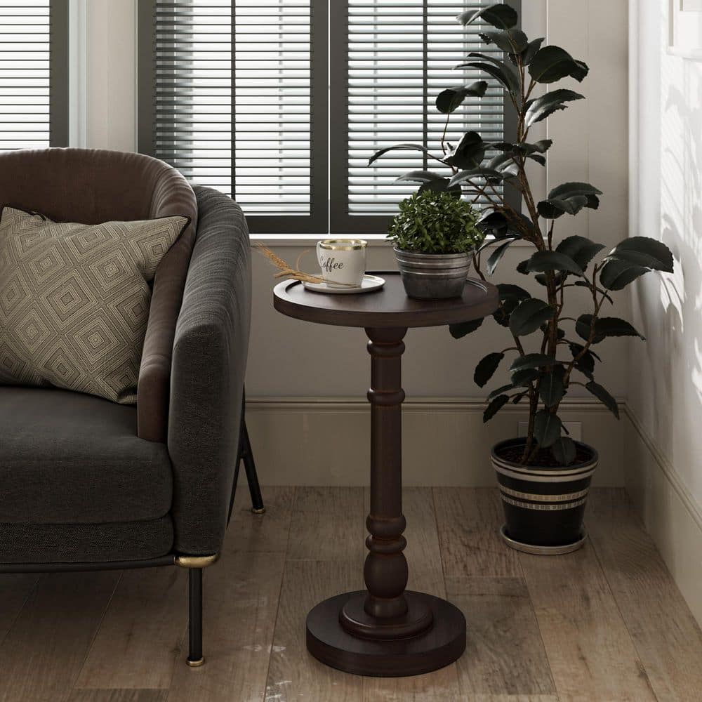 Espresso Round Wood Pedestal Tray Top End Table