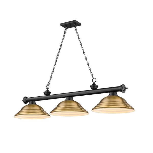 Unbranded Cordon 3-Light Matte Black Plus Billiard Light Stepped Rubbed Brass Shade with No Bulbs Included