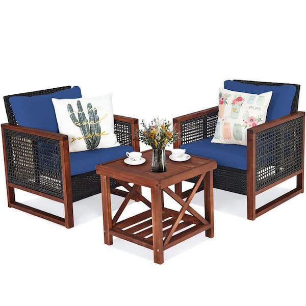 Alpulon 3-Pieces Wicker Outdoor Patio Conversation Set with Wooden Frame and Navy Blue Cushion