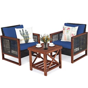 3-Pieces Wicker Outdoor Patio Conversation Set with Wooden Frame and Navy Blue Cushion
