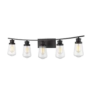 Gaspar 40 in. 5-Light Bronze Vanity Light with Clear Seedy Glass Shade with No Bulbs Included