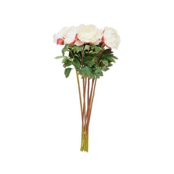 Litton Lane 31 in. White Peony Artificial Flower Stem with Pink Accents (Set of 8)