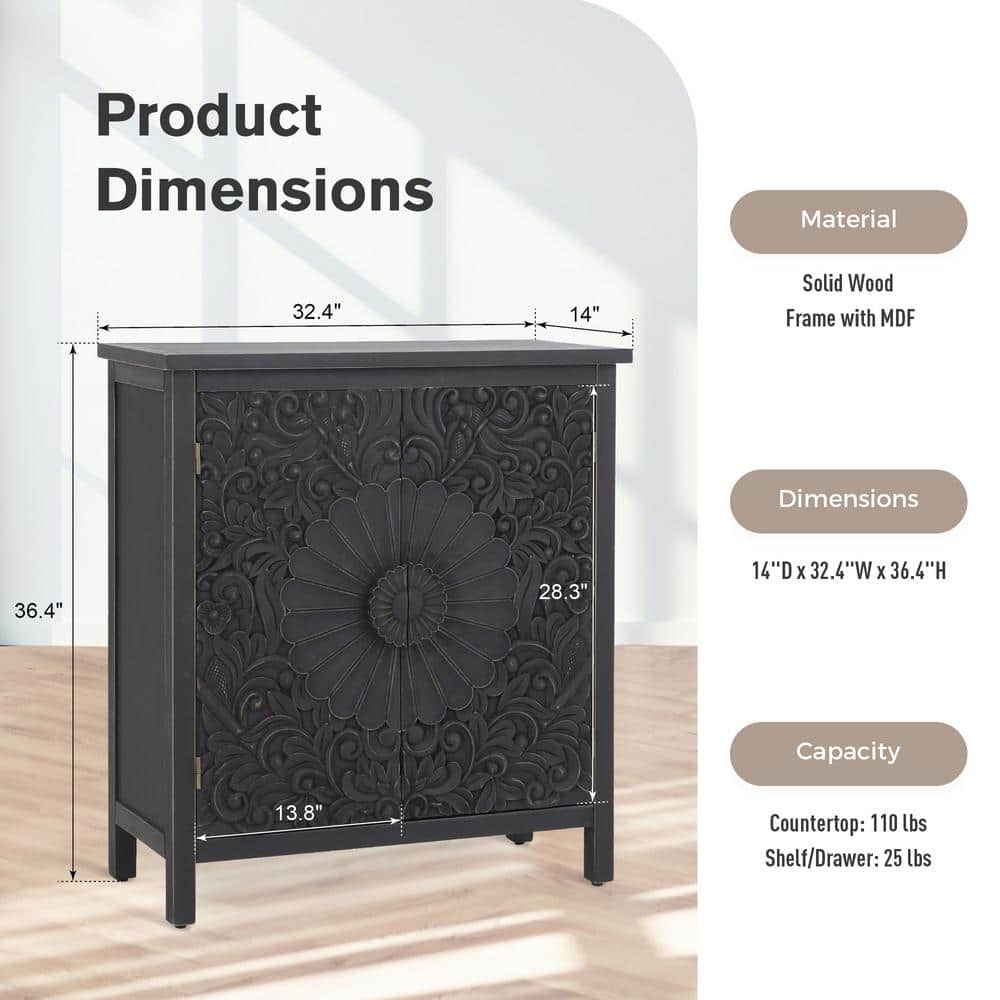 Black Carved Floral Pattern 2-Door Accent Cabinet