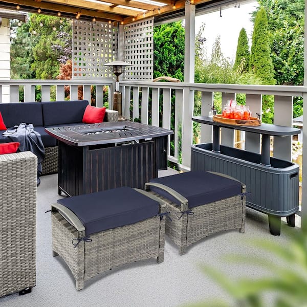 Gray Wicker Outdoor Ottoman with Blue Cushion 2-Pack Patio Ottomans, Patio Footrest Stool