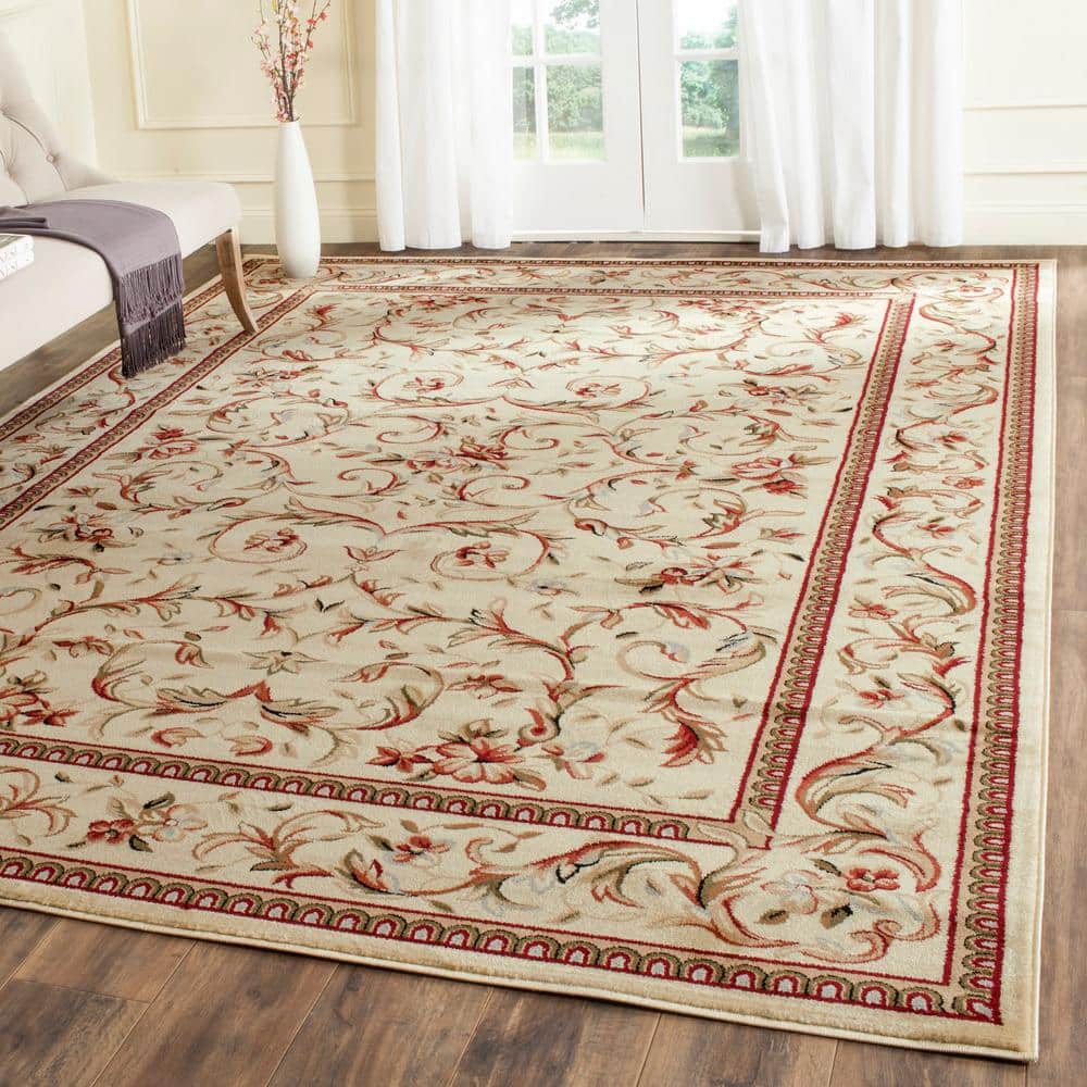 Ivory Floral Hand-Knotted Synthetic Square Rug, 8' x 8'
