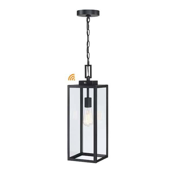 Hukoro 21.5 in. 1-Light Matte Black Outdoor Hanging Lantern Pendant Light with Clear Glass Dusk to Dawn