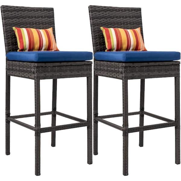 Charcoal Swivel Metal Outdoor Bar Stools with Navy Blue Cushion (2-Pack)