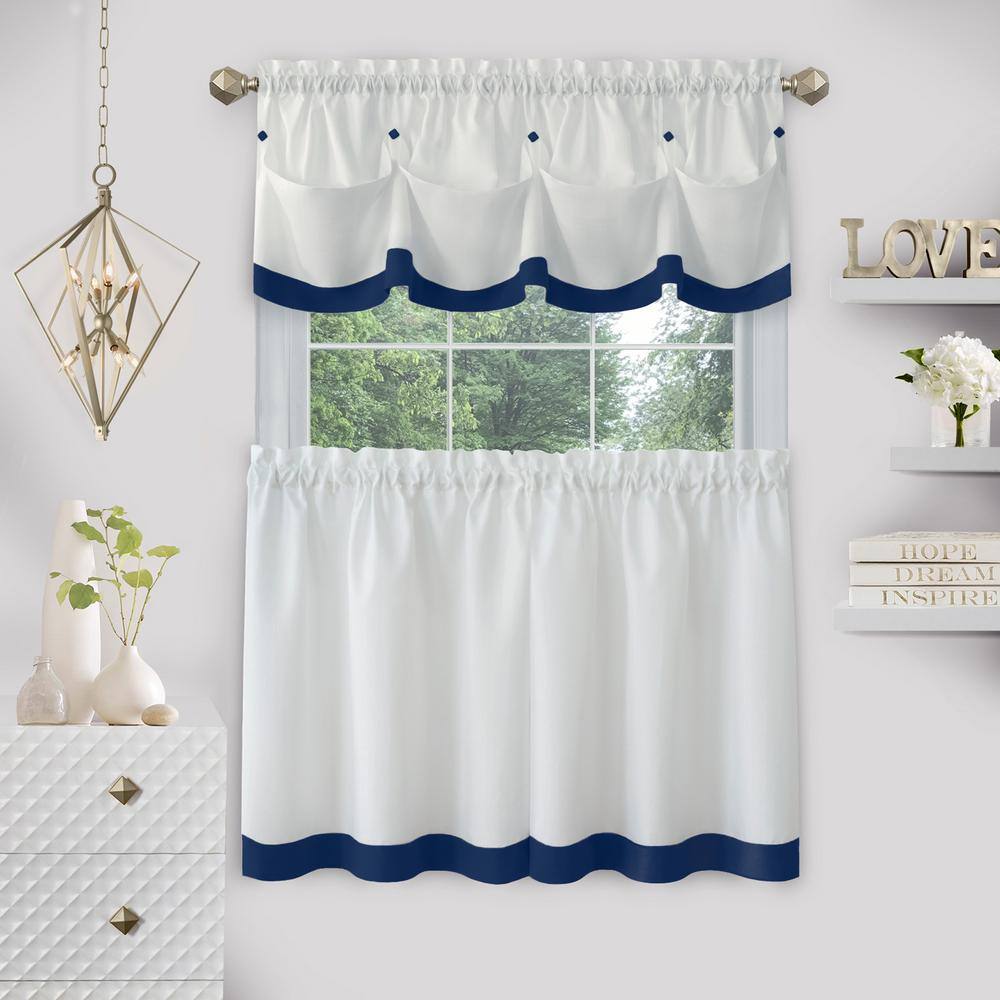 Navy and White Polyester Rod Pocket Valance with Diamond Buttons