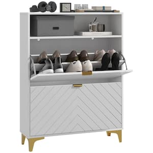 White 2 Flip 2 Vents Entryway-Drawers Narrow Shoe Storage Cabinet, With Slim Shoe Rack and Adjustable Shelves