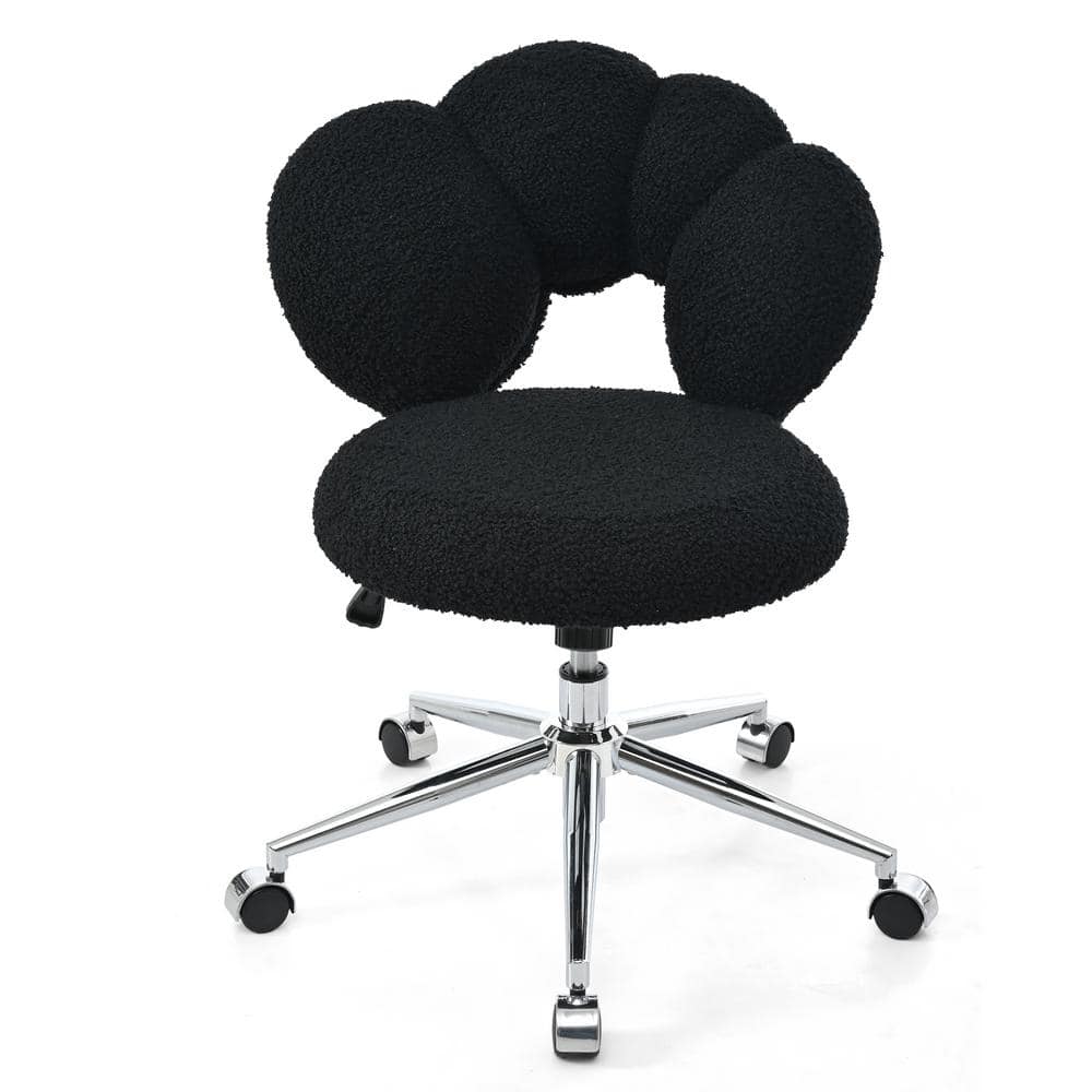 Teddy Fabric Seat 360° Swivel Dressing Chair in Black, Height Adjustable Computer Desk Chair with Semi-wrapped Backrest