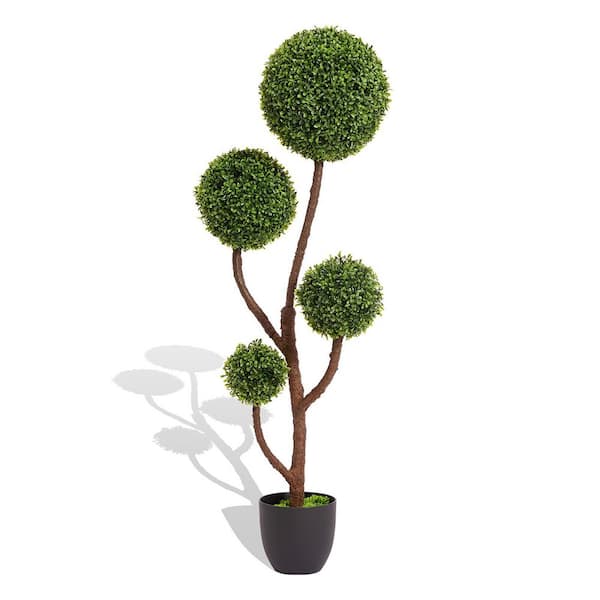 poetree 4 ft. Artificial Boxwood Tree Four Ball Topiary Trees in Pot