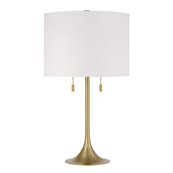 Neely 30 in. Satin Brass Finish Contemporary Standard Bulb Candlestick Table Lamp for home with White Linen Shade