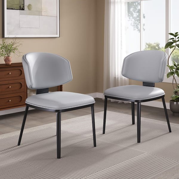Serene Modern Upholstered PU Leather Dining Chairs, Metal, Gray plus Black, Set of 2