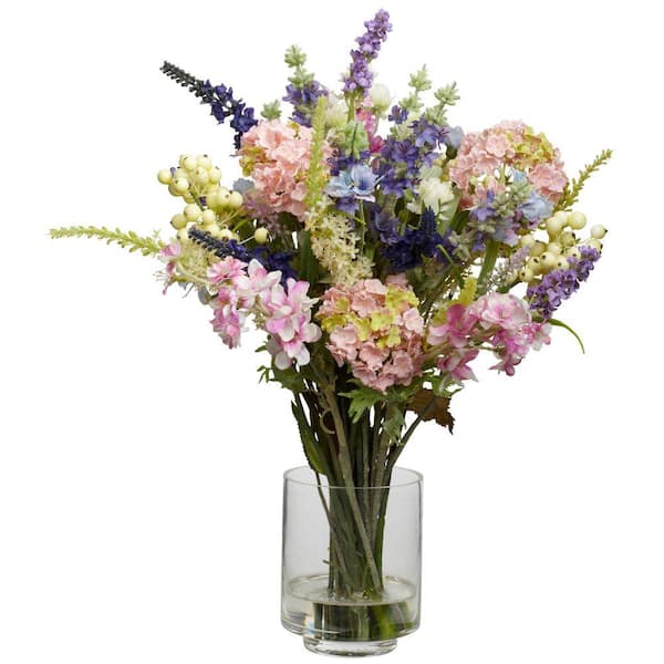 Nearly Natural 16 in. Artificial H Assorted Lavender and Hydrangea Silk Flower Arrangement
