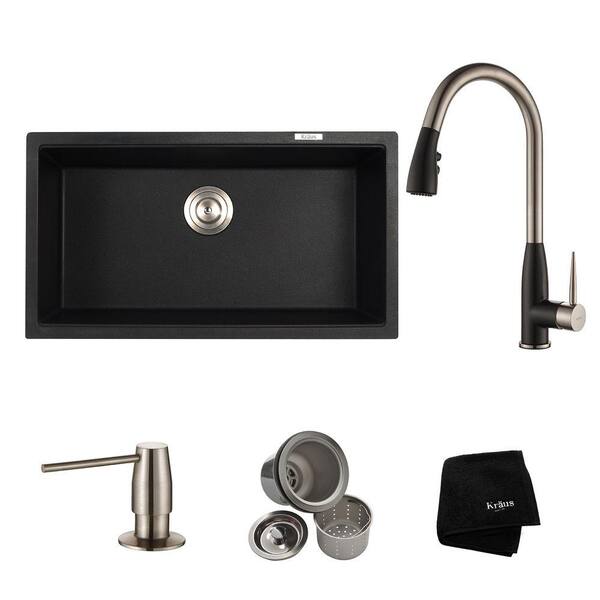 KRAUS All-in-One Undermount Granite Composite 31 in. Single Kitchen Sink Bowl with Faucet in Stainless Steel and Black Onyx