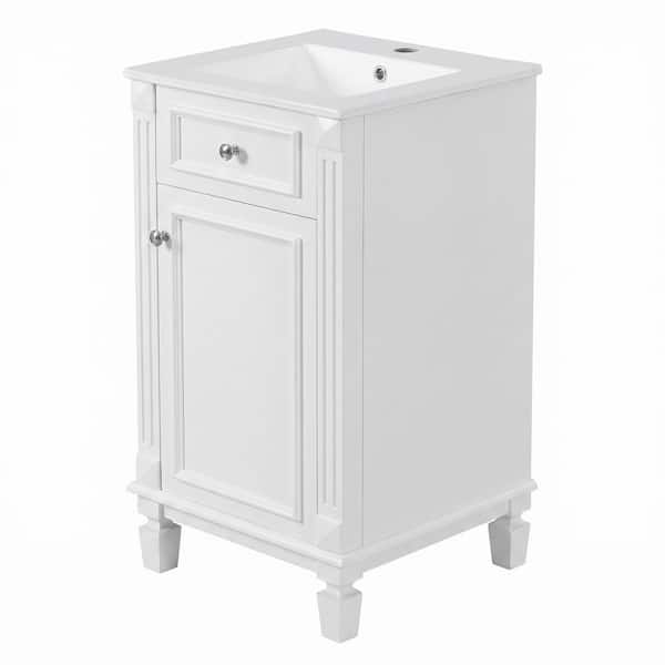 18 in. Freestanding Solid Wood Bath Vanity in White with Glossy White Ceramic Top