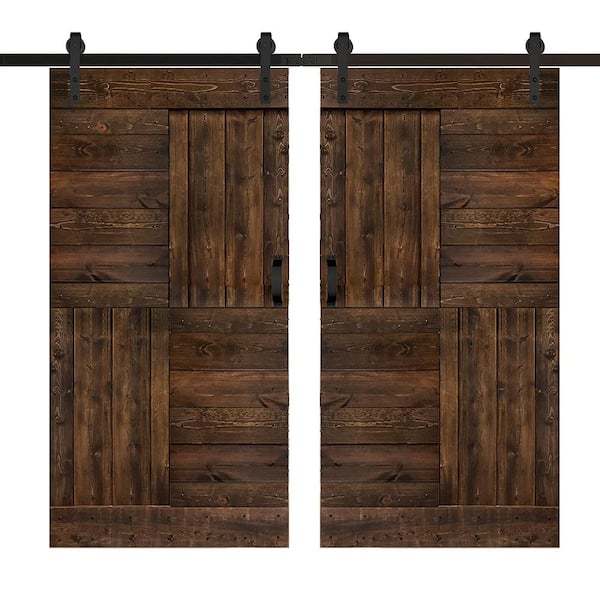 ISLIFE S Series 84 in. x 84 in. Kona Coffee Finished DIY Solid Wood Double Sliding Barn Door with Hardware Kit