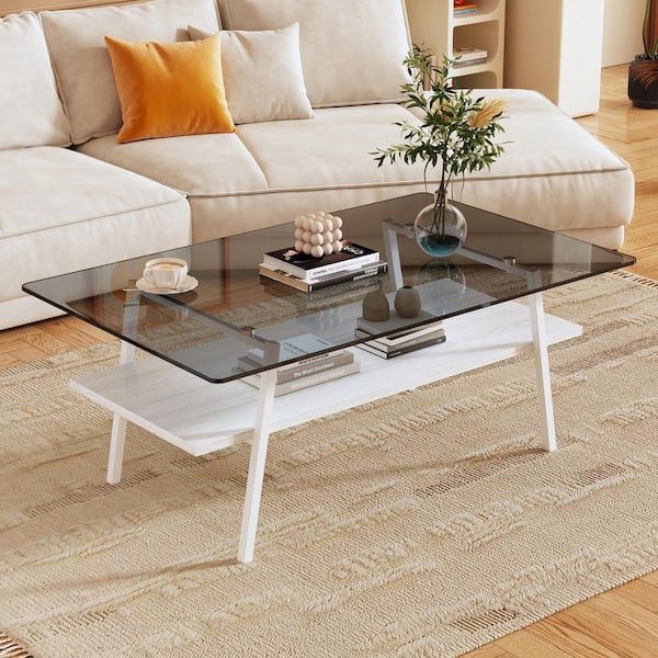 38.58 in. Modern Rectangle Tempered Gray Glass Coffee Table, White Metal Legs & MDF Base for Living Room