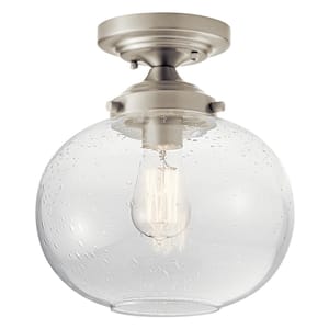 Avery 9.75 in. 1-Light Brushed Nickel Hallway Vintage Industrial Semi-Flush Mount Ceiling Light with Clear Seeded Glass